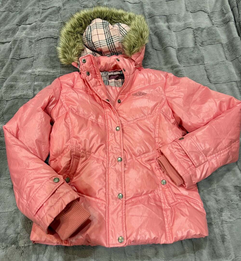 Y2K Bubblegum Pink Girl Med Puffer Jacket  Faux Fur Trim Hood & Plaid Lining